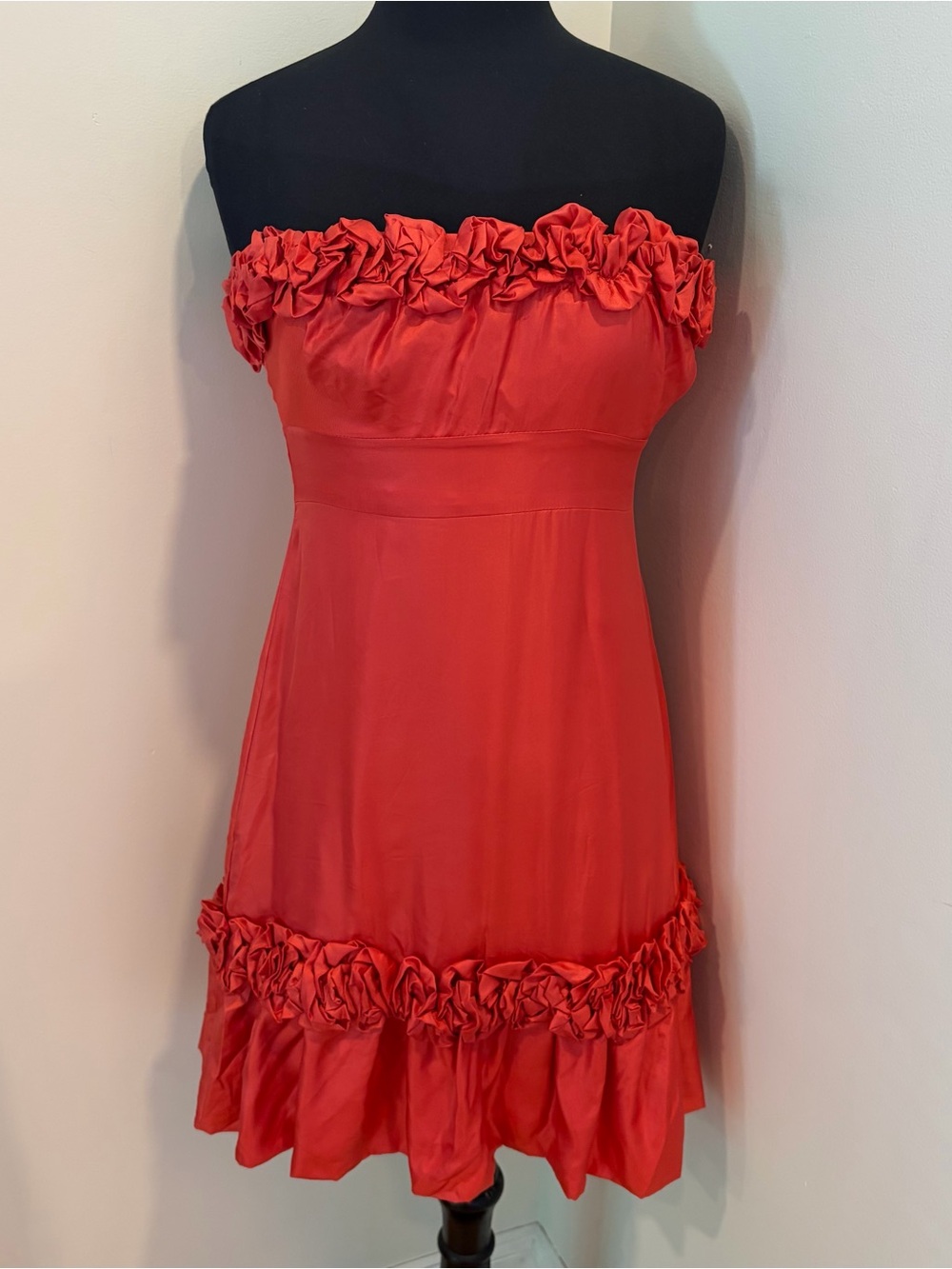 Yoana Baraschi 100% Silk Strapless Cocktail Dress Coral Dimensional Floral Sz 6
